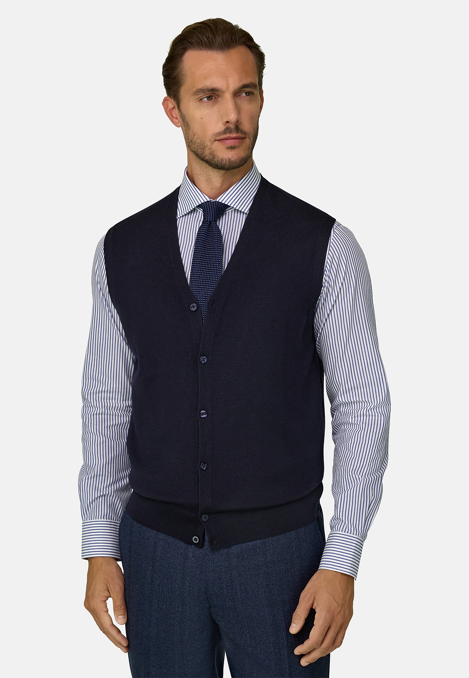 Gilet in Merino Wool Knitted Fabric, Navy blue, hi-res
