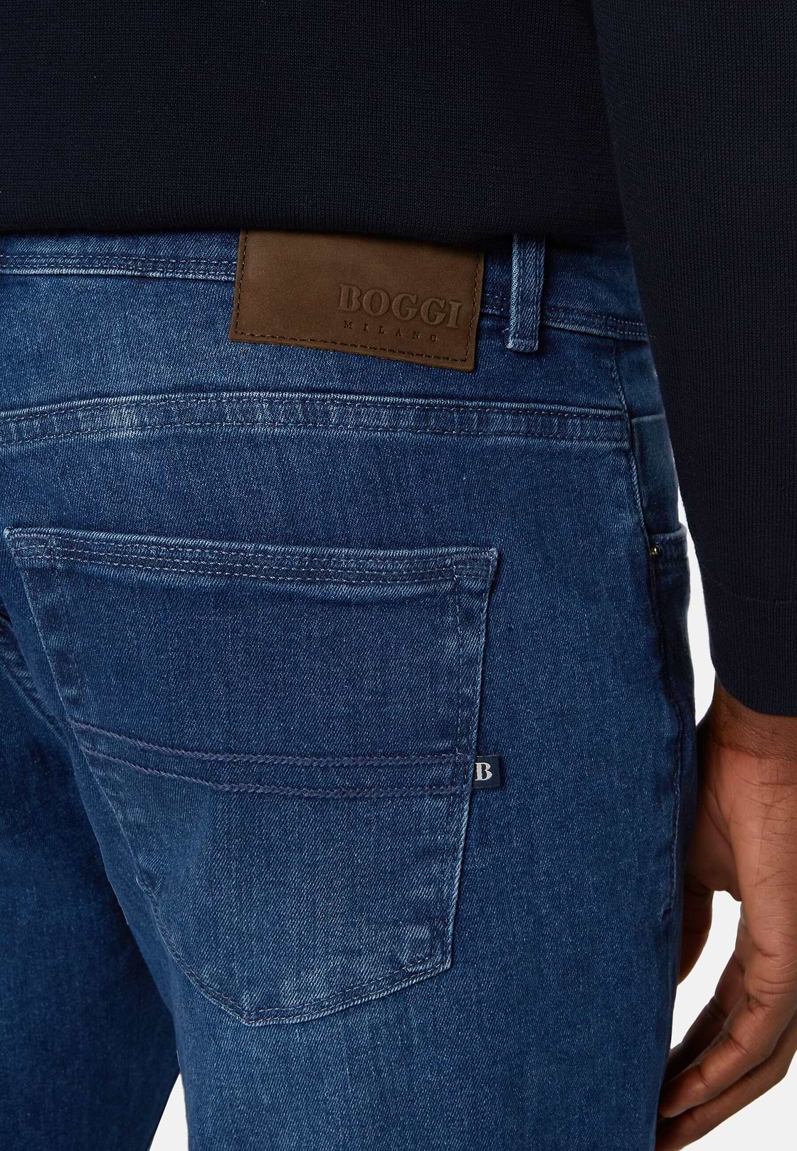 Jean En Denim Extensible Bleu À Délavage Moyen, Indigo, hi-res