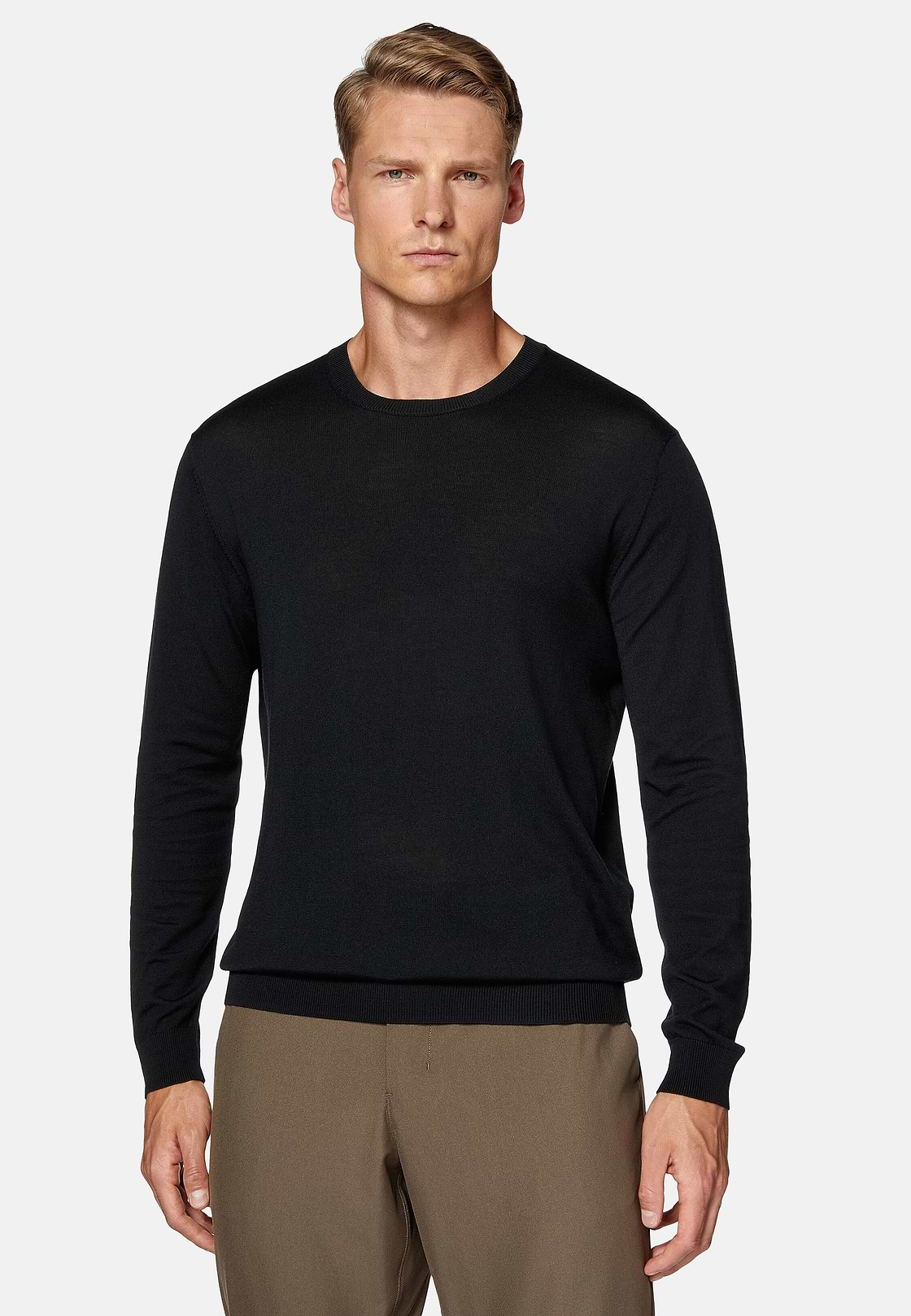 Black Crew Neck Jumper in Superfine Merino Wool, Black, hi-res