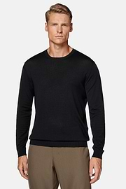 Black Crew Neck Jumper in Superfine Merino Wool, Black, hi-res