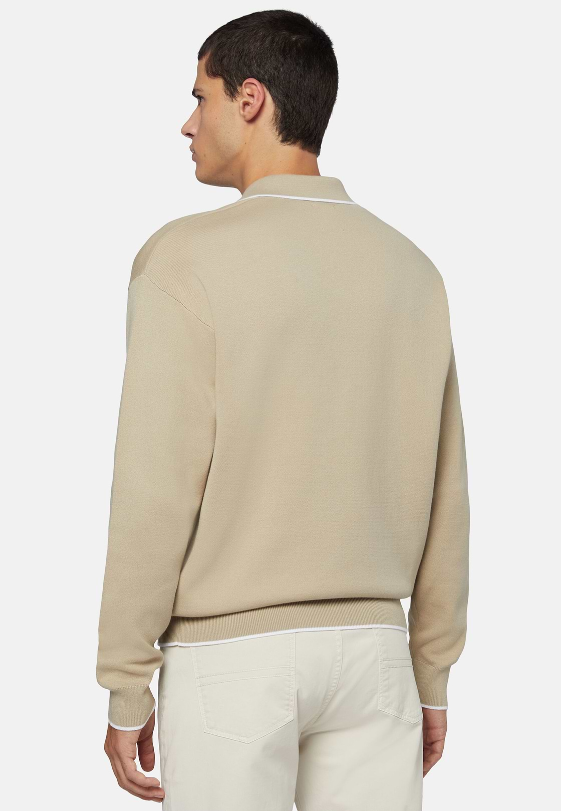 Beige Cotton Open Neck Polo Jumper, Beige, hi-res