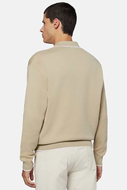 Beige Cotton Open Neck Polo Jumper, Beige, hi-res