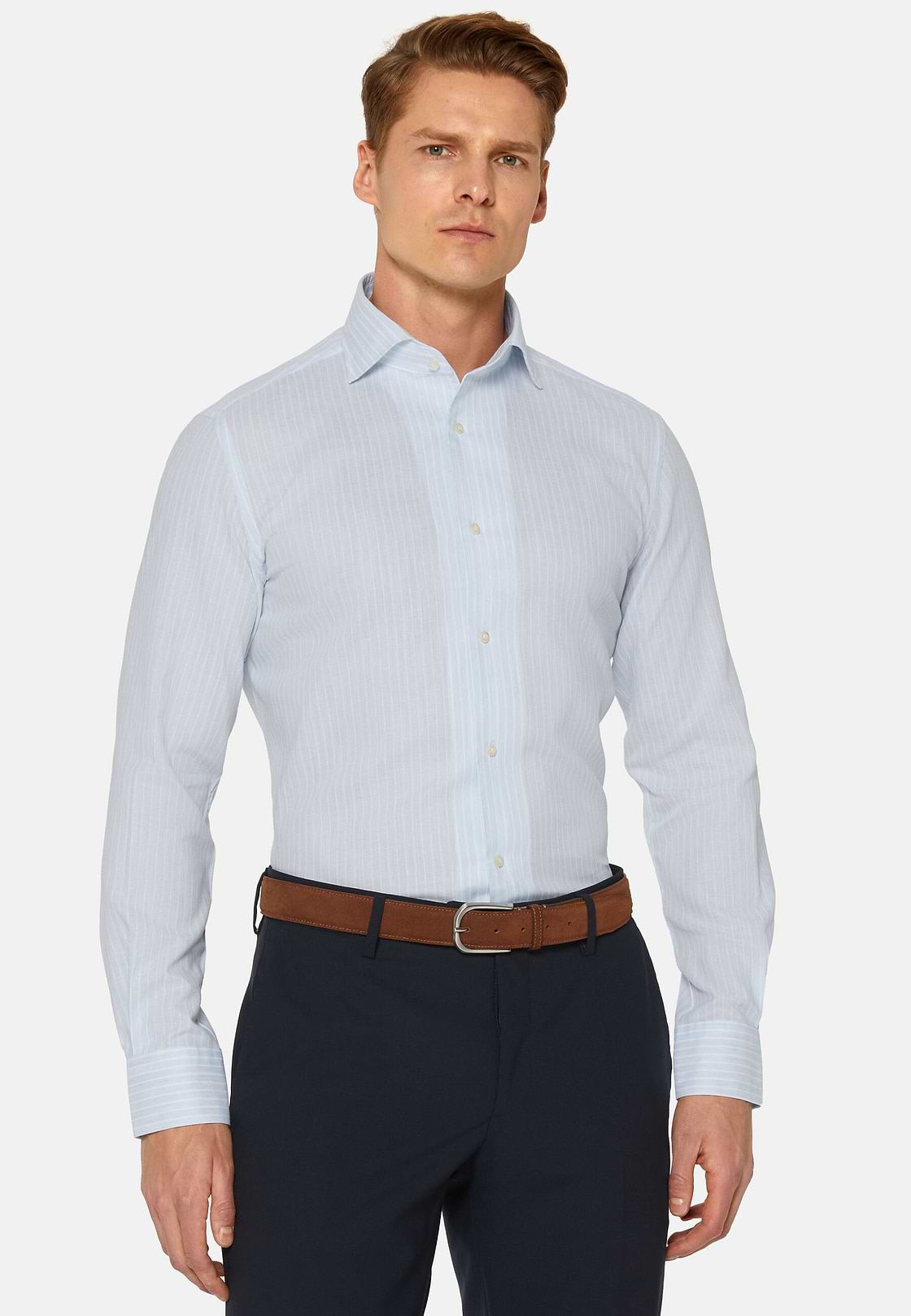 Chemise À Rayures Bleu Clair En Coton Dobby Regular Fit, Bleu clair, hi-res