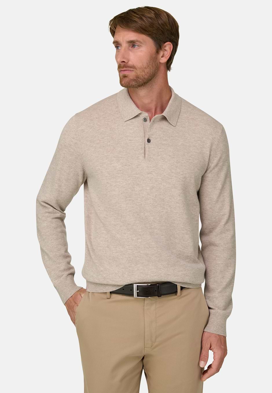 Knitted Polo Shirt in Cashmere Blend, Sand, hi-res