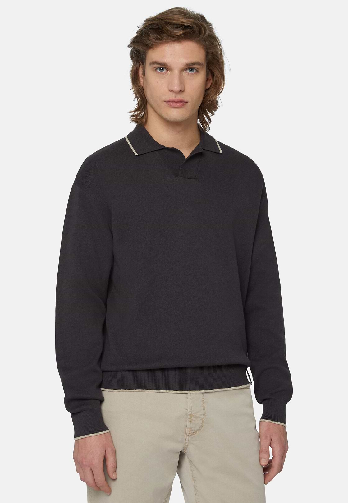 Black Cotton Open Neck Polo Jumper, Black, hi-res