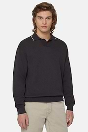 Black Cotton Open Neck Polo Jumper, Black, hi-res