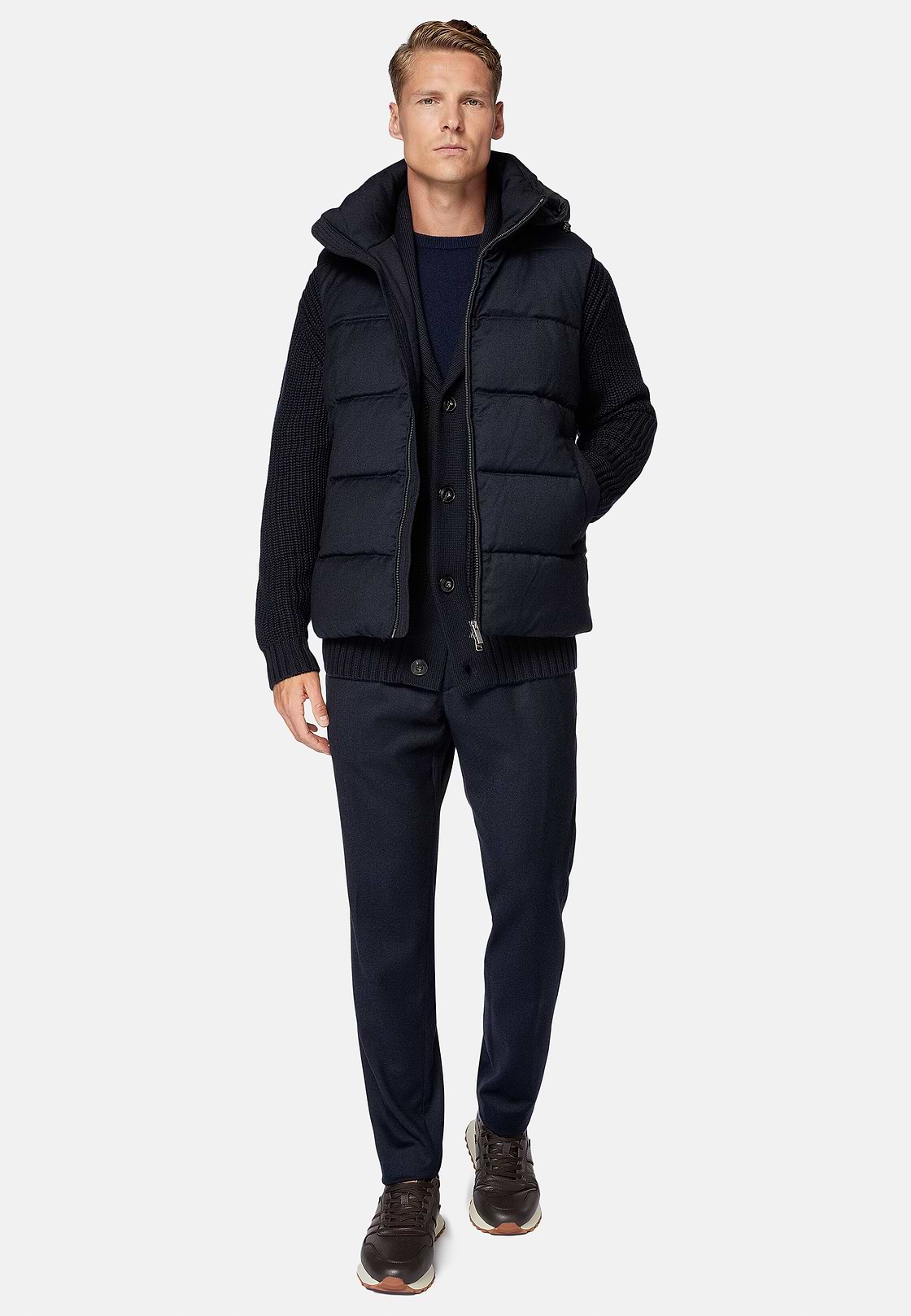 Gilet In Flanella Imbottito In Piuma Con Cappuccio, Navy, hi-res