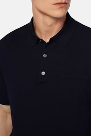 Navy Cotton Crepe Knit Polo Shirt, Navy blue, hi-res