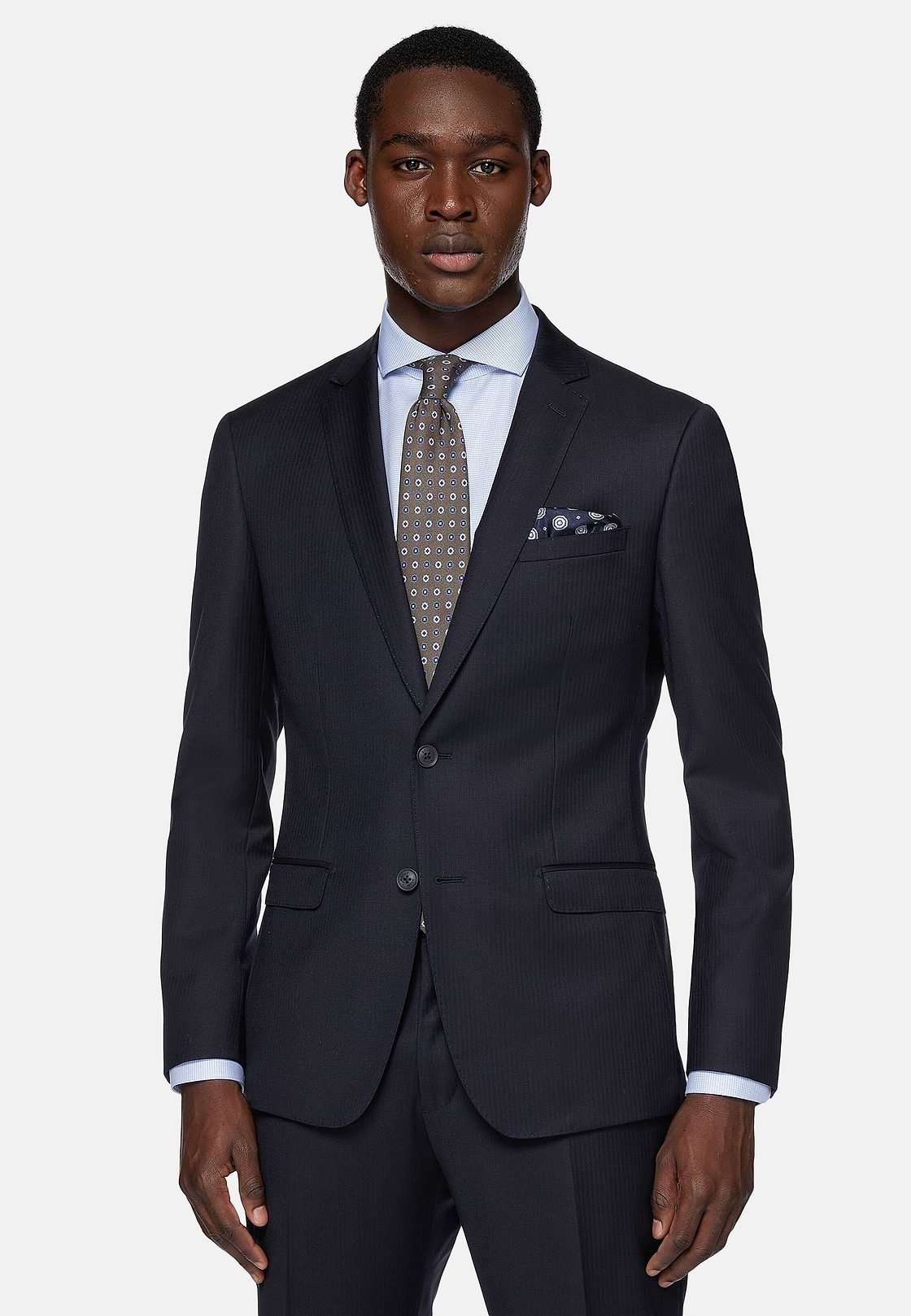 Navy Blue Micro Herringbone Suit In Stretch Wool, Navy blue, hi-res