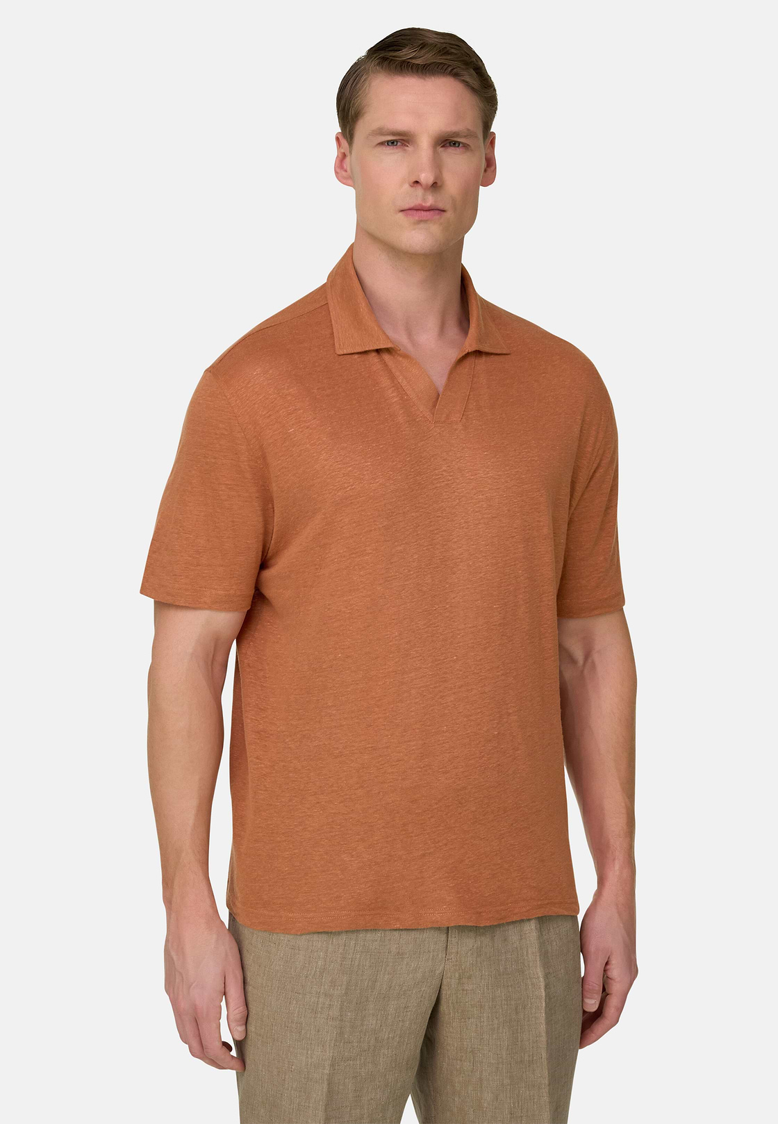 Polo In Jersey Di Lino Elasticizzato, Rosso, hi-res, 1