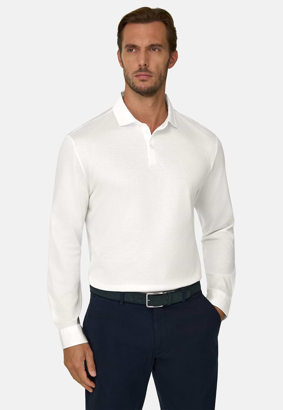 Polo En Jersey De Coton Pima Regular Fit Manches Longues, Blanc, hi-res