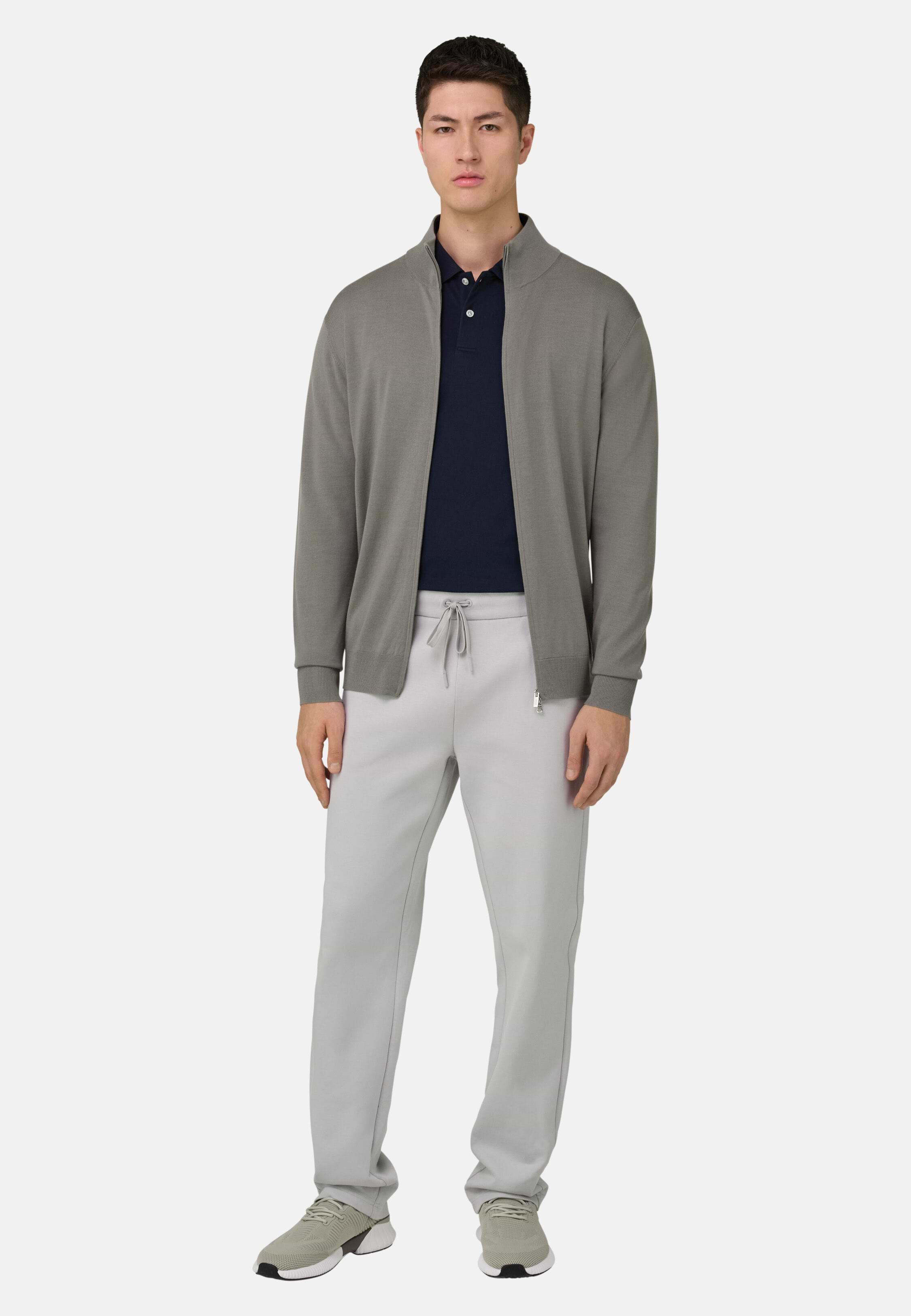 Men's Full-Zip Jumper in Superfine Wool, Mud | Boggi Milano