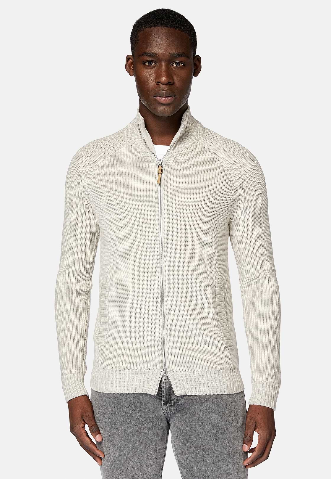 Sand Full-Zip Jumper in Merino Wool, Sand, hi-res