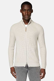 Sand Full-Zip Jumper in Merino Wool, Sand, hi-res