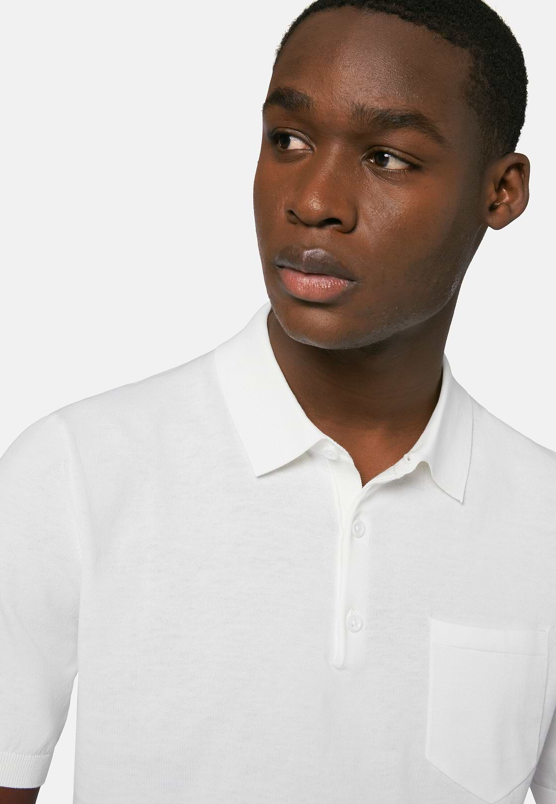 White Cotton Crepe Knit Polo Shirt, White, hi-res