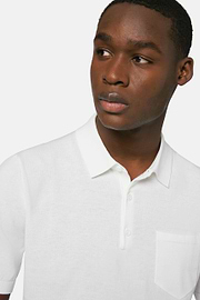 White Cotton Crepe Knit Polo Shirt, White, hi-res