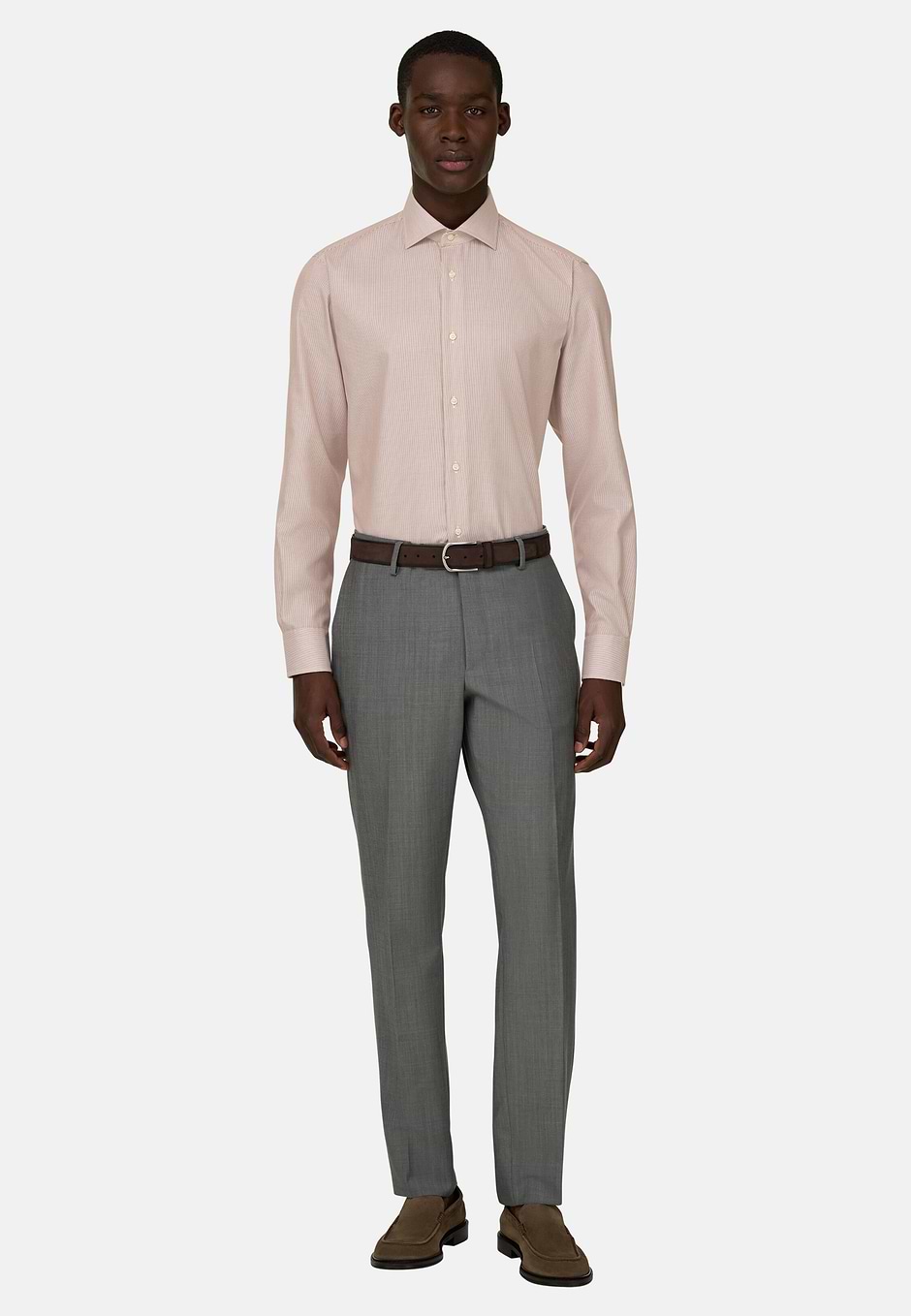 Camicia A Righe In Cotone Slim Fit, Nocciola, hi-res