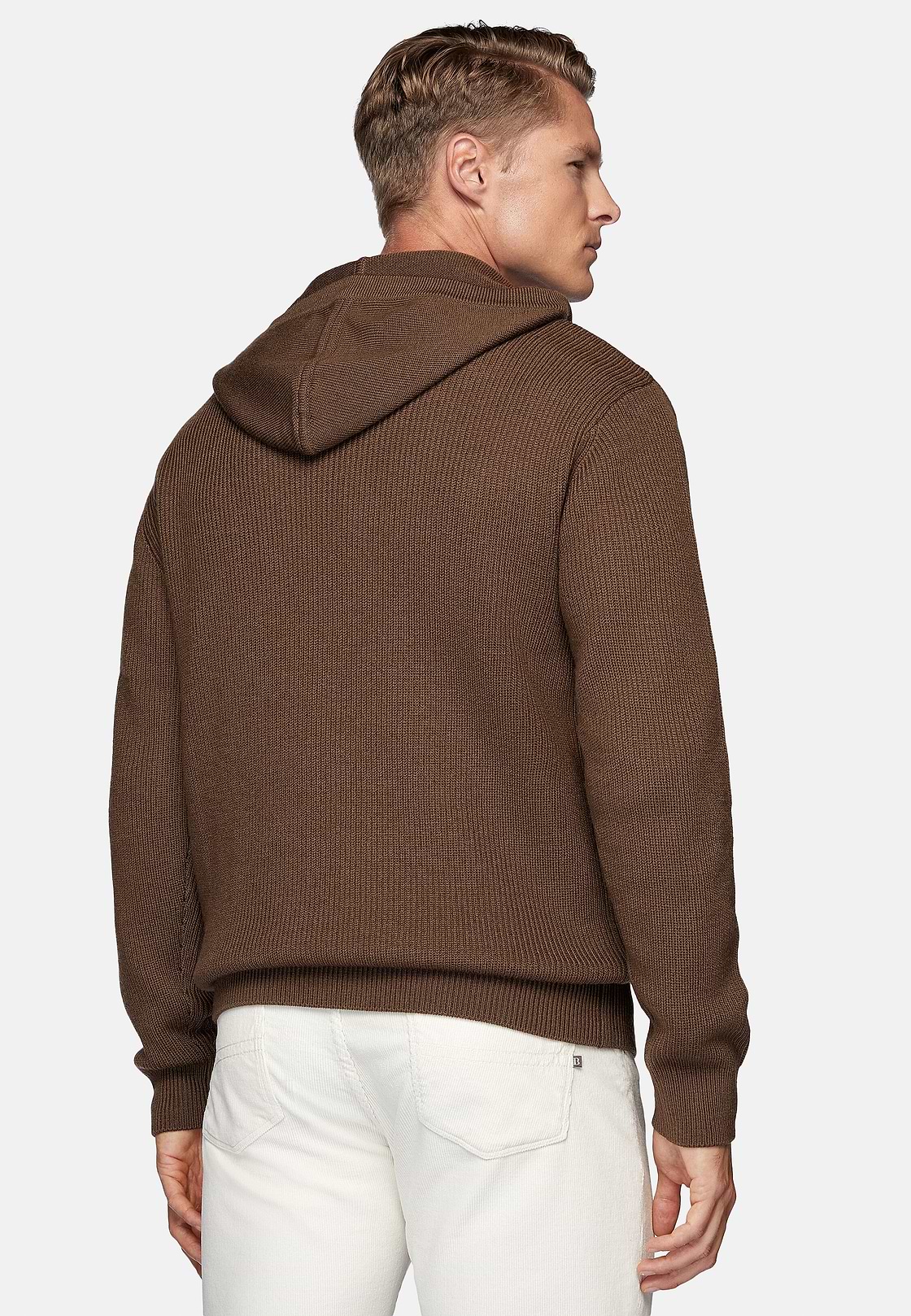 Haselnussfarbener Pullover Mit V-Ausschnitt und Kapuze Aus Merinowolle, Haselnuss, hi-res