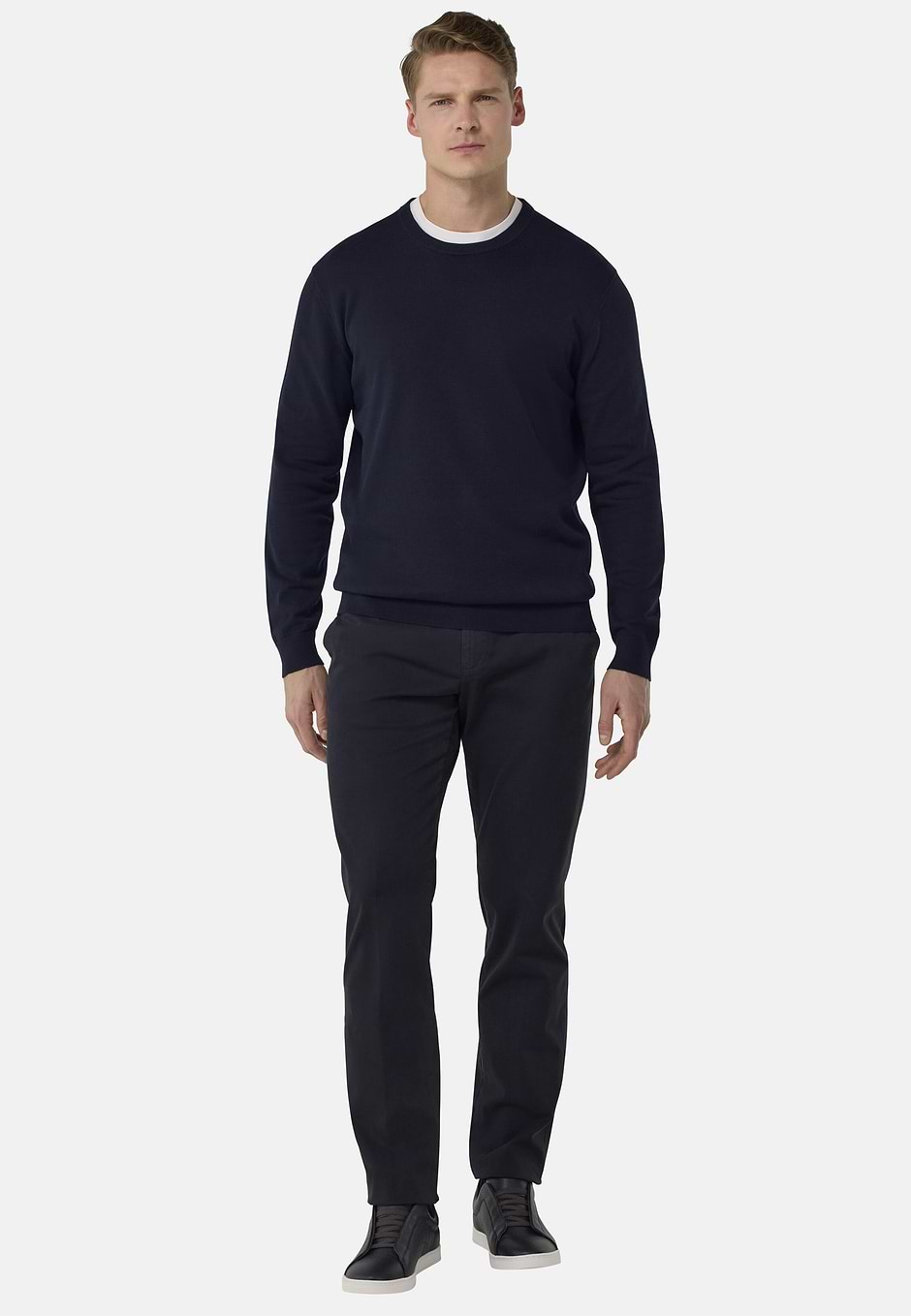 Rundhalspullover aus Baumwolle, Navy blau, hi-res