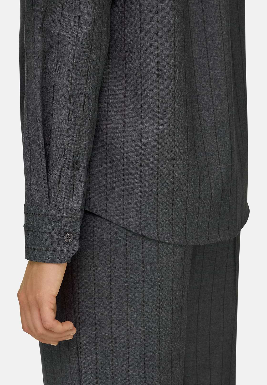 Pinstripe Wool Shirt with Open Collar, Grey, hi-res, 3