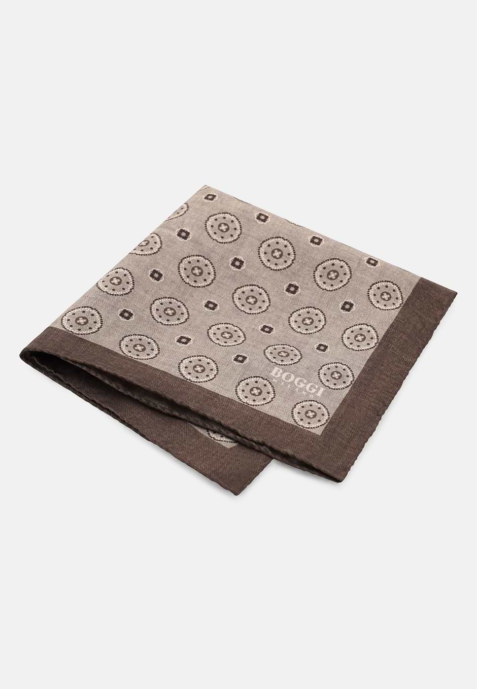 Pocket Square Medallion Pattern Print in Silk, Grey, hi-res