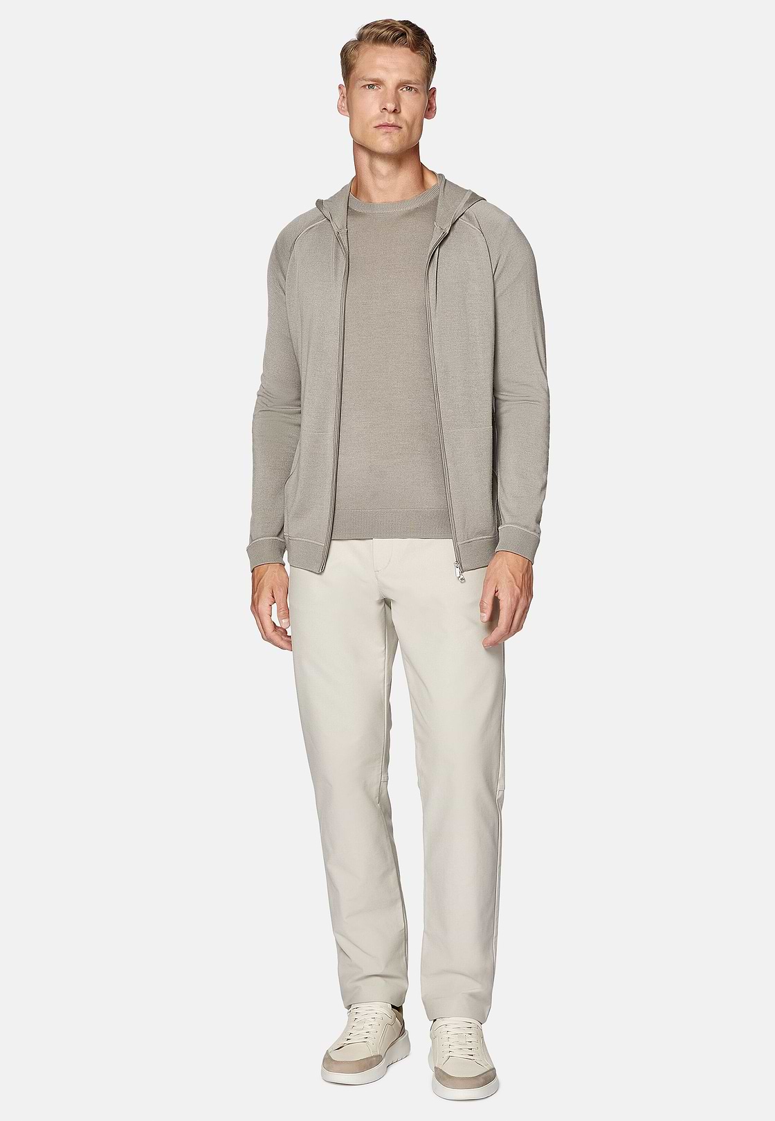Maglia Full Zip Con Cappuccio Taupe In Lana Merino, Taupe, hi-res