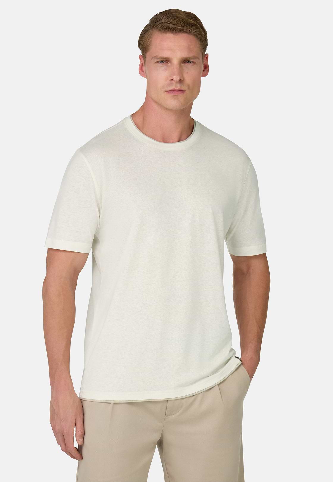 T-shirt En Coton Tencel et Chanvre Mélangés, Crème, hi-res