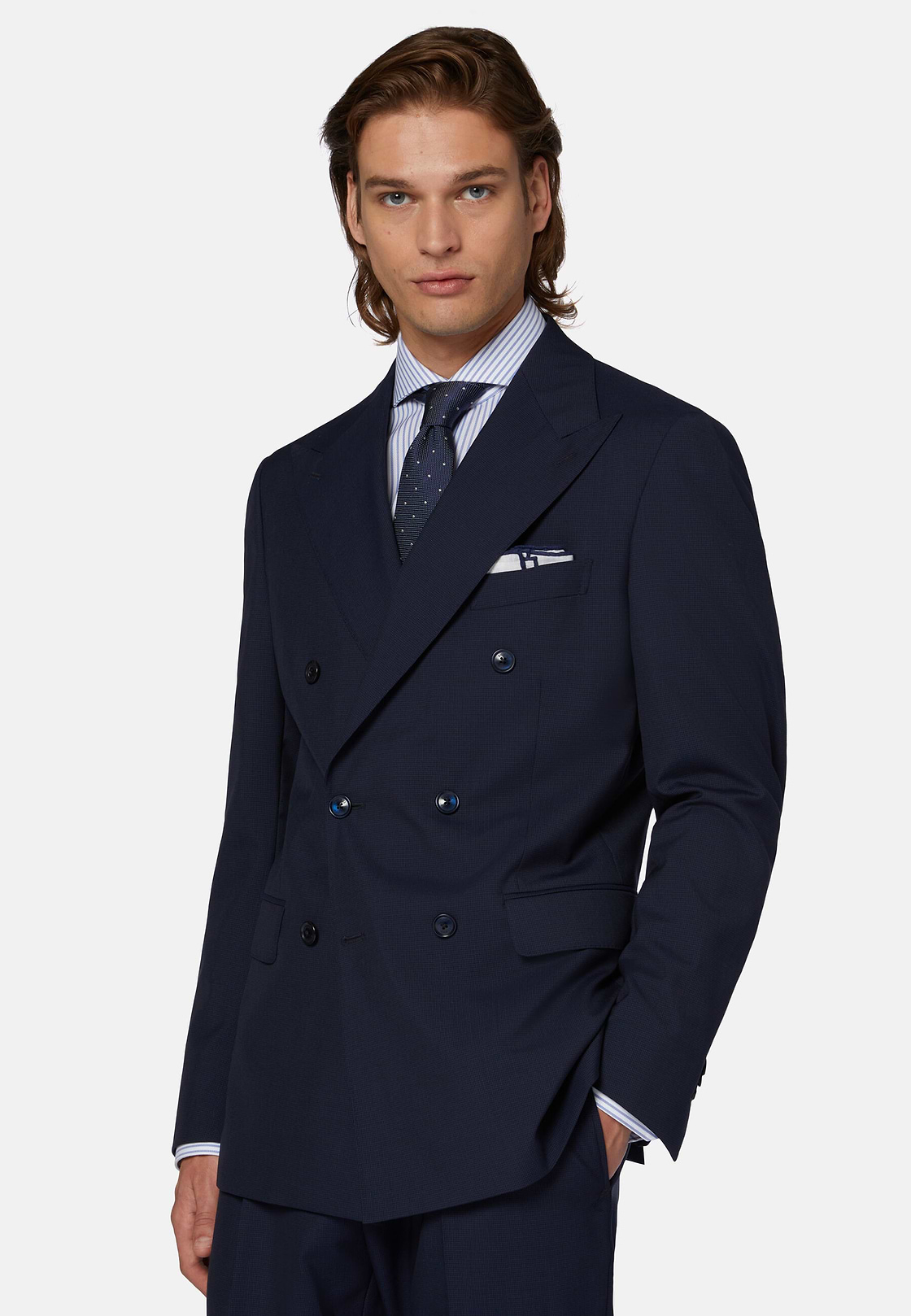 Double-Breasted Navy Houndstooth Suit in Wool, Navy blue, hi-res