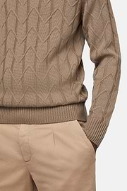 Camisola de gola de polo em lã de merino taupe, Taupe, hi-res