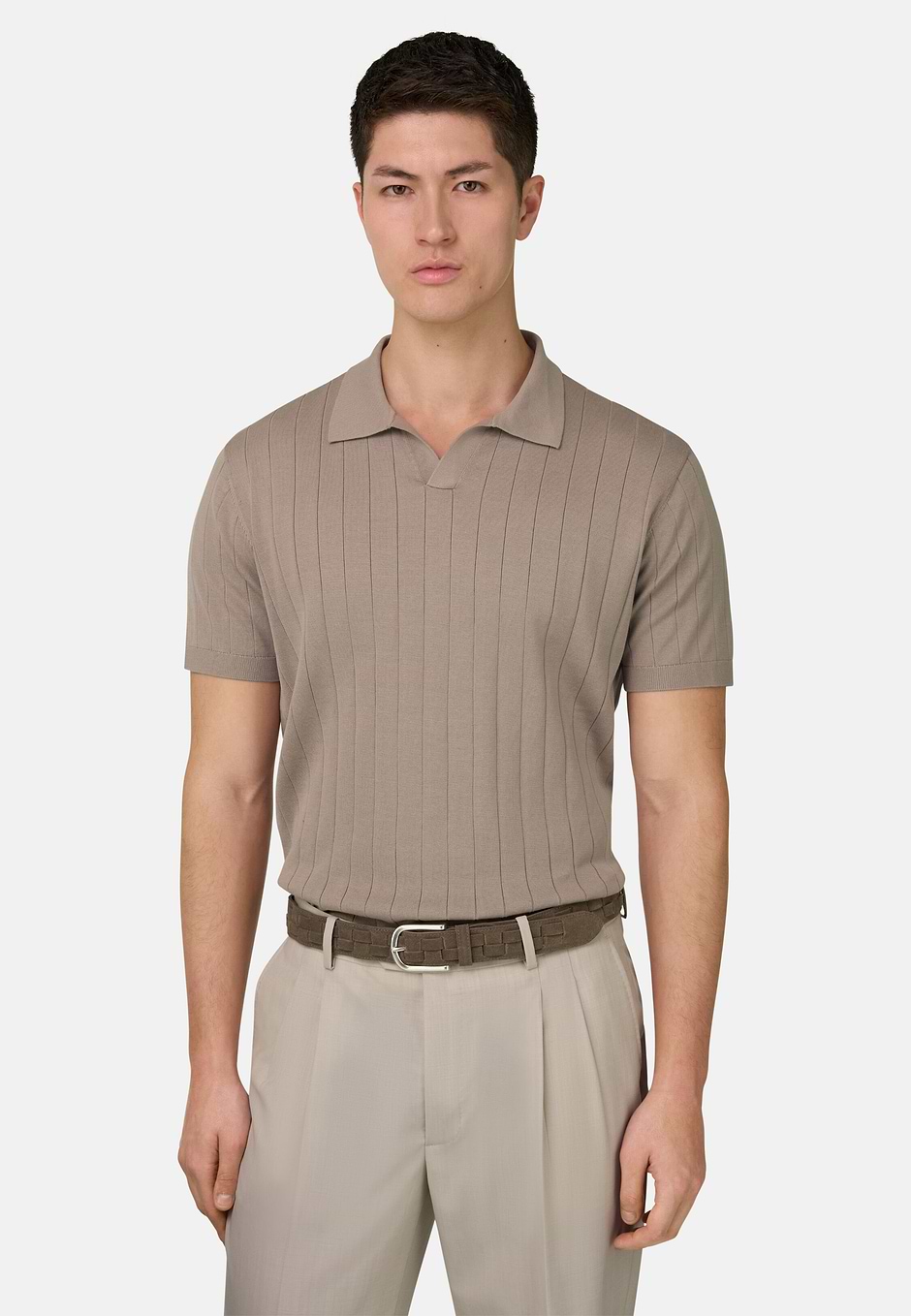 Gestricktes Poloshirt Aus Baumwolle Und Seide, Taupe, hi-res