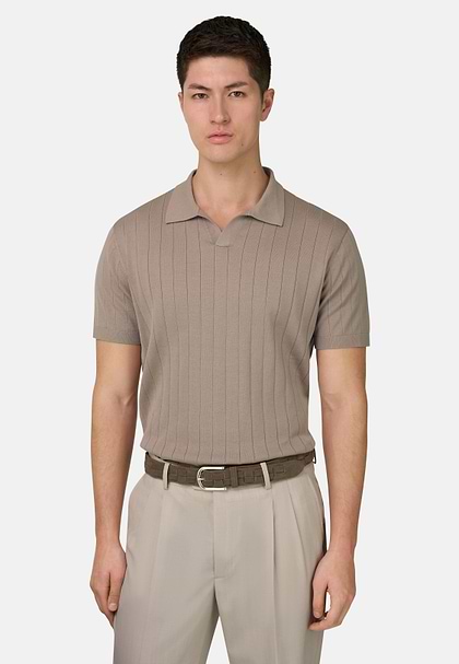Gestricktes Poloshirt Aus Baumwolle Und Seide, Taupe, hi-res