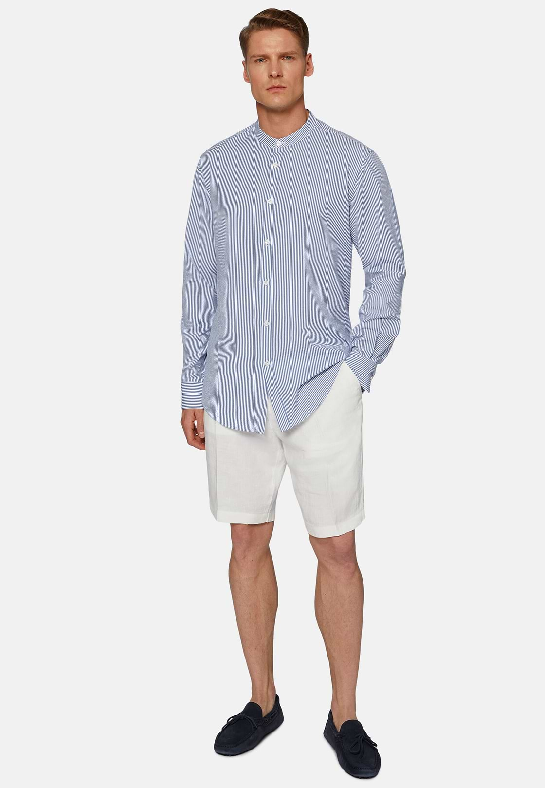 Chemise Bleu Clair À Rayures En Seersucker Coupe Droite, Bleu clair, hi-res