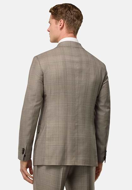 Prince of Wales Check Pure Wool Suit, Taupe, hi-res