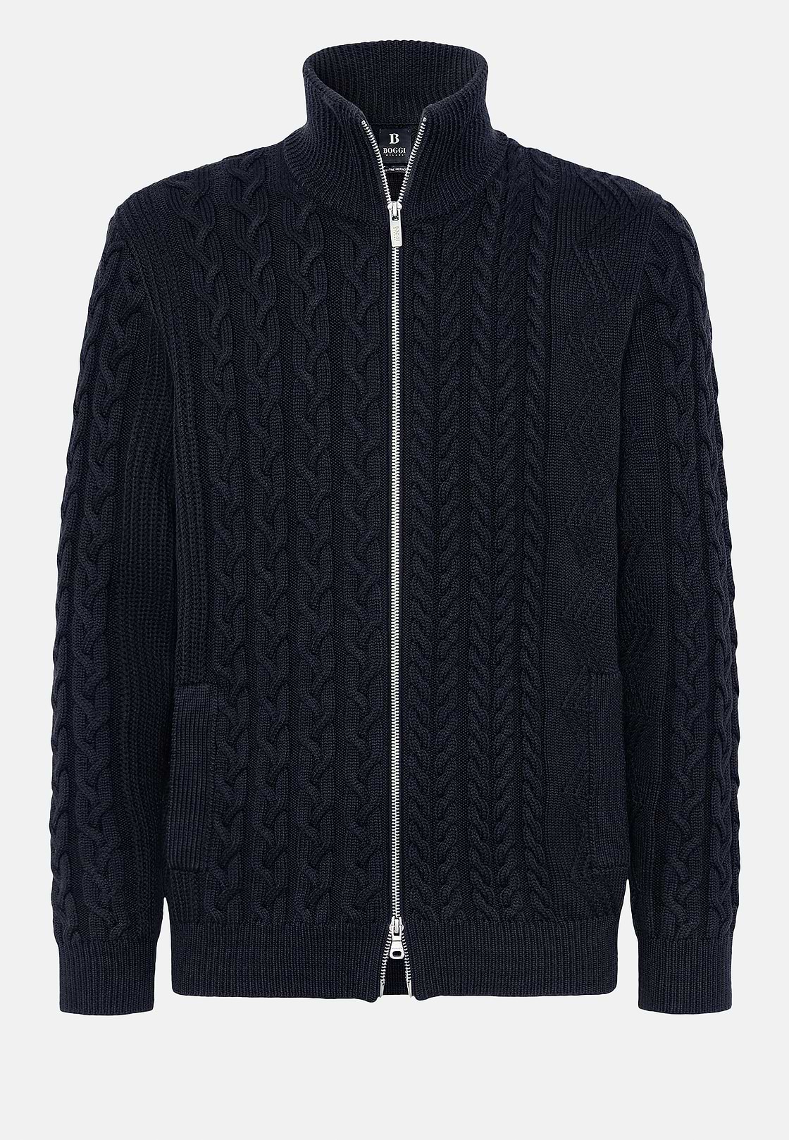 Navy Mixed Stitch Merino Wool Full Zip Jumper, Navy blue, hi-res