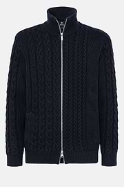 Navy Mixed Stitch Merino Wool Full Zip Jumper, Navy blue, hi-res