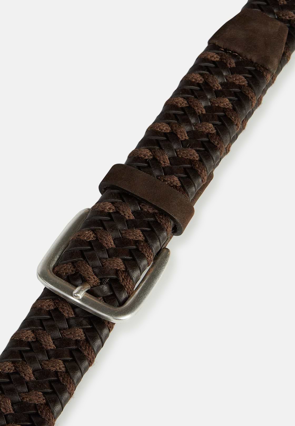 Stretch Leather/Fabric Woven Belt, Brown, hi-res
