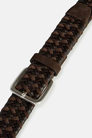 Stretch Leather/Fabric Woven Belt, Brown, hi-res
