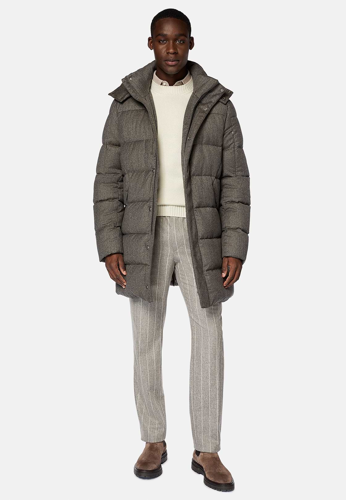 Parka In Flanella Imbottito In Piuma D`Oca, Taupe, hi-res