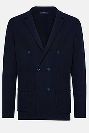 Navy Cotton Crepe Knit Double-Breasted Jacket, Navy blue, hi-res