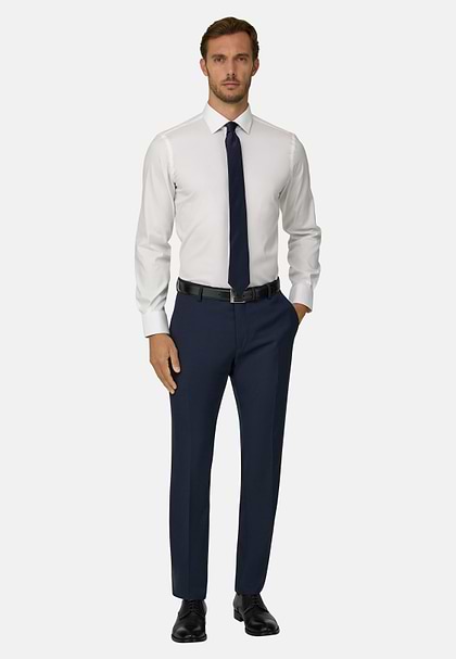 Micro patterned stretch wool trousers, Navy blue, hi-res