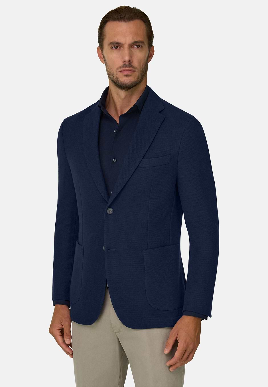 Giacca Navy Blu In Cotone Crepe B Jersey, Navy, hi-res