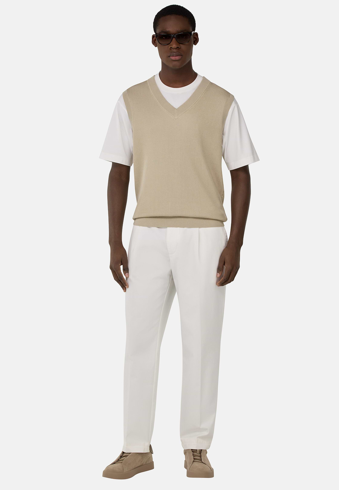 Pullover Mit V-Ausschnitt Aus Baumwolle und Seide, Sand, hi-res