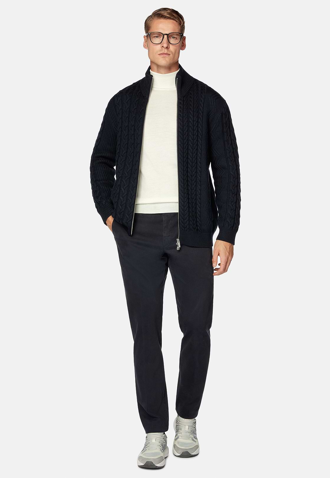 Navy Mixed Stitch Merino Wool Full Zip Jumper, Navy blue, hi-res