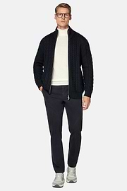 Navy Mixed Stitch Merino Wool Full Zip Jumper, Navy blue, hi-res