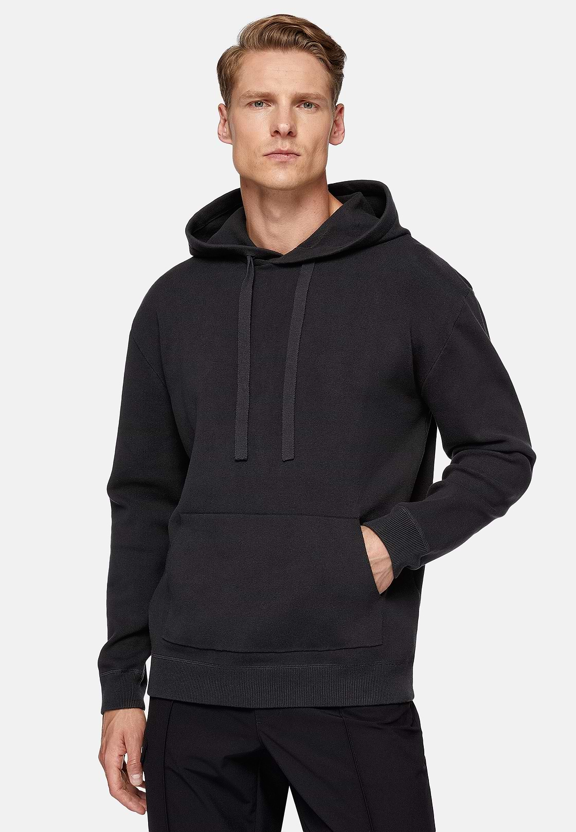 Antrazithfarbenes Strick-Sweatshirt mit Kapuze aus technischer Baumwolle, Holzkohle, hi-res