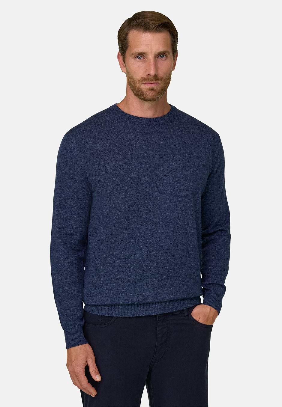 Pull Col Ras du Cou en Laine Mérinos Cashwool® Mouliné, Indigo, hi-res