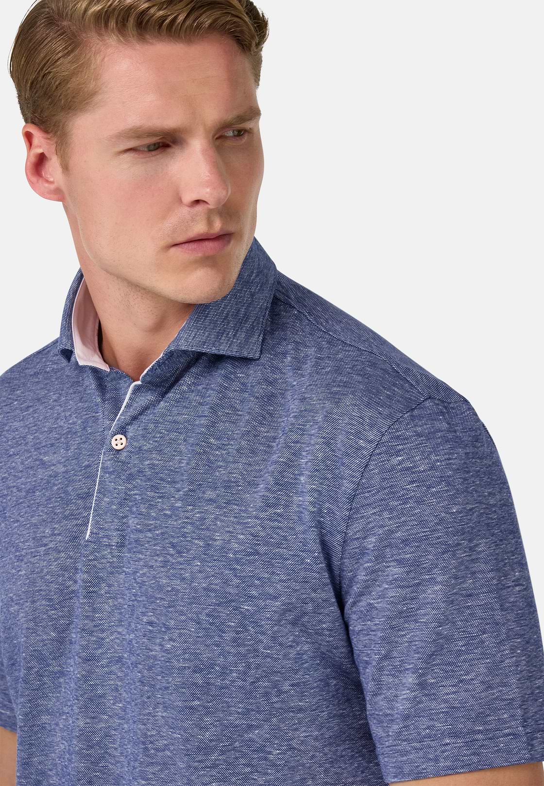 Cotton/Linen Piqué Polo Shirt, Blue, hi-res