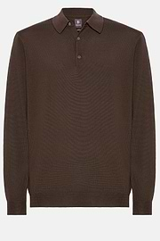 Brown Merino Wool Knitted Polo Shirt, Brown, hi-res