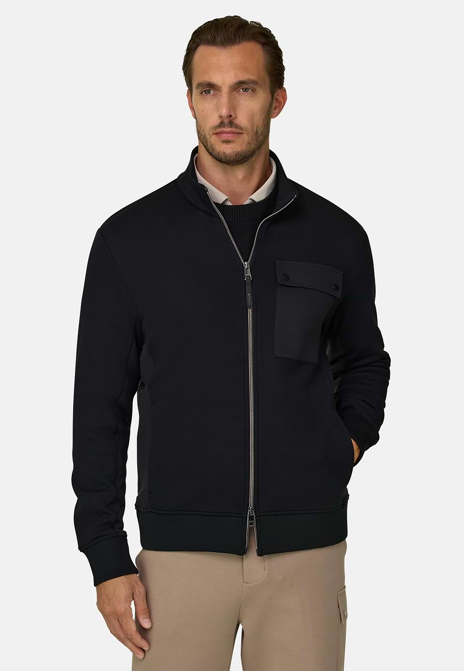 Felpa Full Zip in Misto Cotone Scuba B Tech, Nero, hi-res