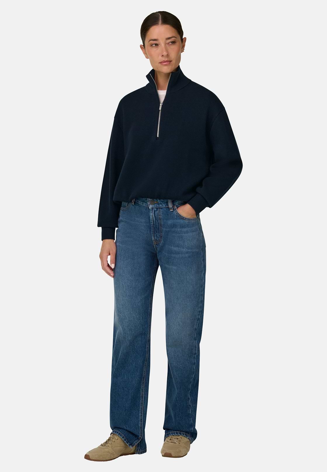 Quarter-Zip Jumper in Wool and Cashmere, Navy blue, hi-res, 2